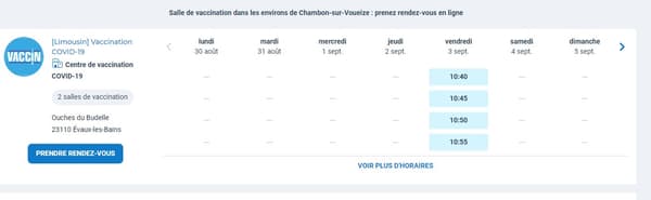 Capture d'écran des rendez-vous disponibles à Chambon-sur-Voueize dans la Creuse. 
