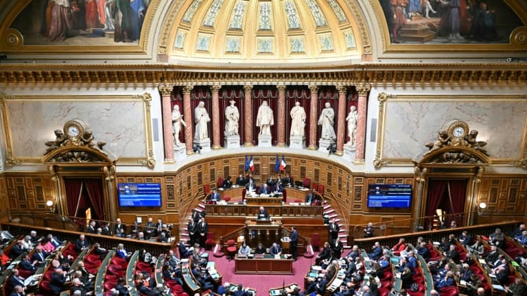 Le président du Sénat Gérard Larcher (à droite) s'exprime devant les sénateurs à Paris, le 15 janvier 2025