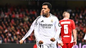 Rodrygo célèbre son but lors de la victoire du Real Madrid contre Brest (0-3), le 29 janvier 2025 à Guingamp
