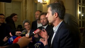 Boris Vallaud (PS), Sandrine Rousseau (EELV), François Ruffin (LFI) et Manuel Bompard (LFI) à l'Assemblée nationale, le 13 février 2023.