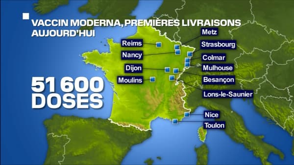 Les villes françaises où le vaccin Moderna va être livré en priorité, durant la semaine du 11 au 17 janvier 2021.