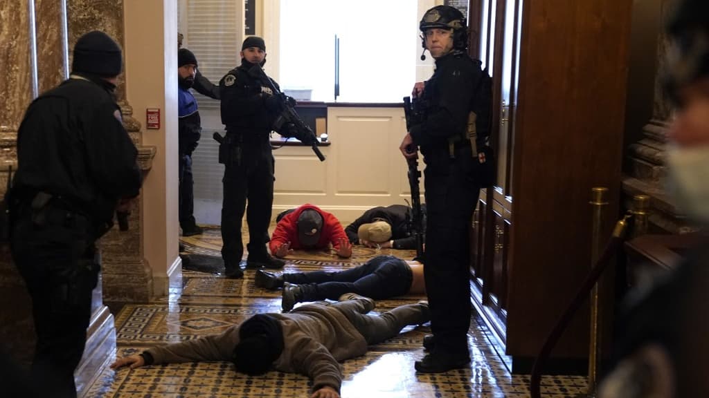 Des manifestants arrêtés et allongés au sol à l'extérieur de la chambre des représentants. Des manifestants arrêtés et allongés au sol à l'extérieur de la chambre des représentants.