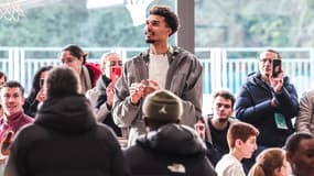 Victor Wembanyama lors de l'inauguration de deux terrains de basket dans sa ville natale du Chesnay (Yvelines), en marge des NBA Paris Games - le 21/01/2025
