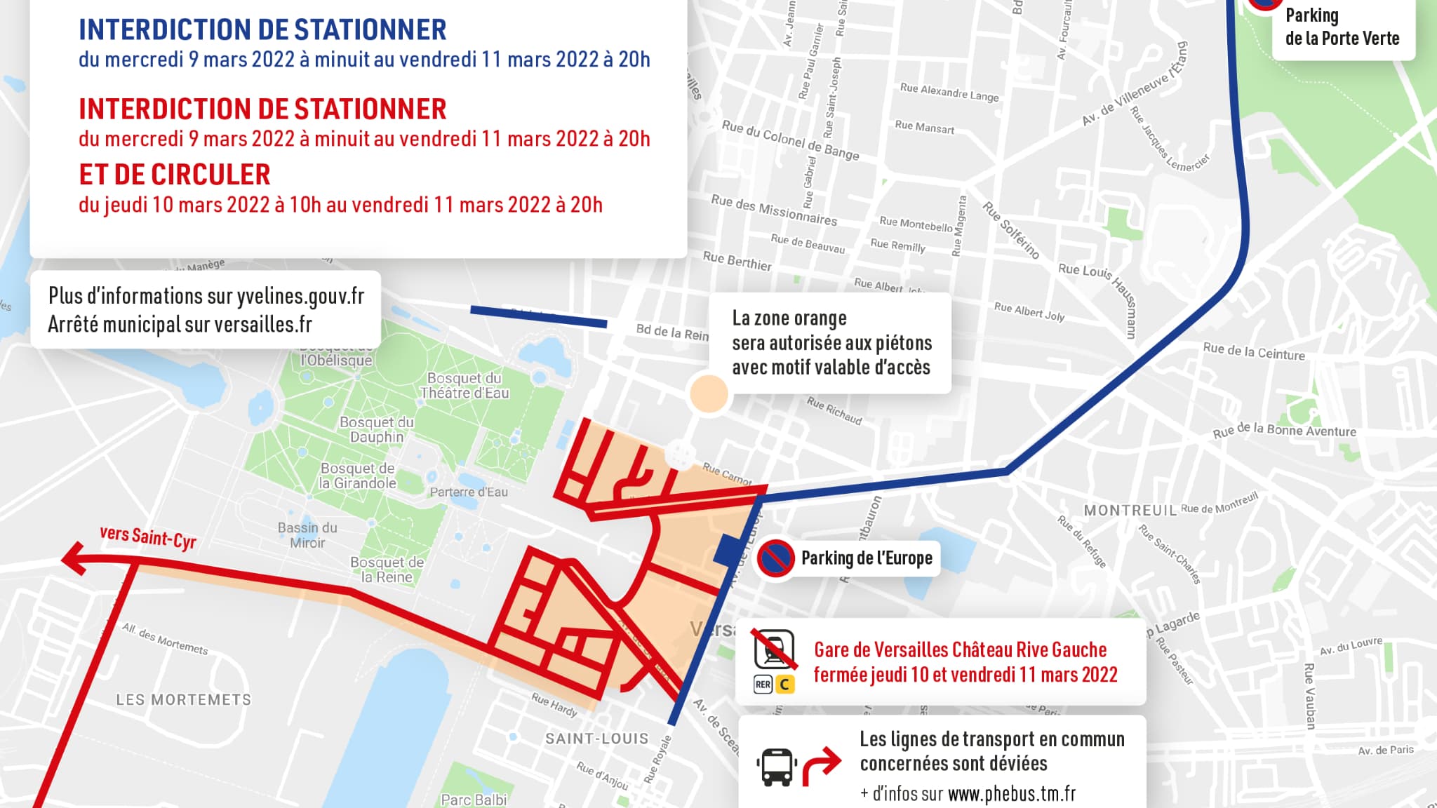 Dans les trois zones, le stationnement des véhicules est interdit de mercredi 24h à vendredi 20h à Versailles. Dans les trois zones, le stationnement des véhicules est interdit de mercredi 24h à vendredi 20h à Versailles.
