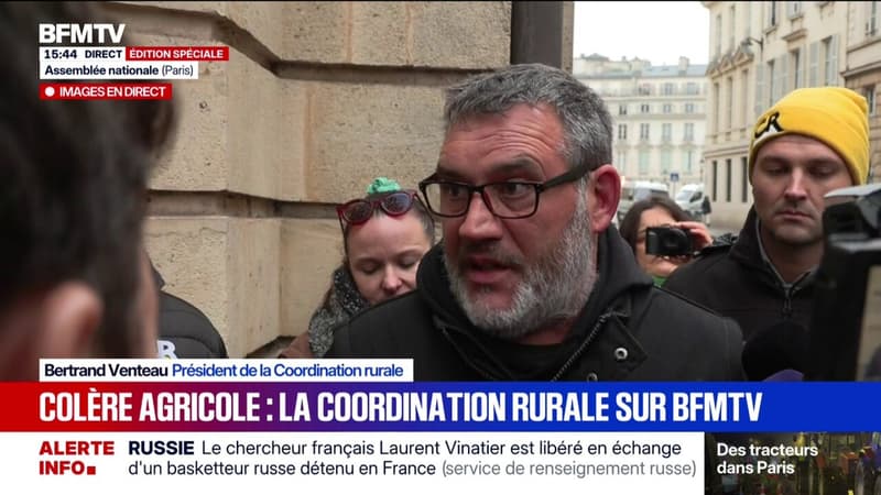 "Ce n'est pas la meilleure [façon de dialoguer avec Yaël Braun-Pivet] mais j'excuse mes troupes" affirme Bertrand Venteau de la Coordination rurale
