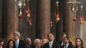 Barack Obama s'est rendu vendredi à l'église de la Nativité, au dernier jour de son voyage en Israël et dans les territoires palestiniens. Le président américain a reçu à Bethléem un accueil aussi peu enthousiaste que la veille à Ramallah. /Photo prise le