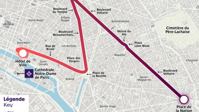 Le parcours de l'étape de l'après-midi pour le segment 1 du relais de la flamme paralympique à Paris, le 28 août 2024.
