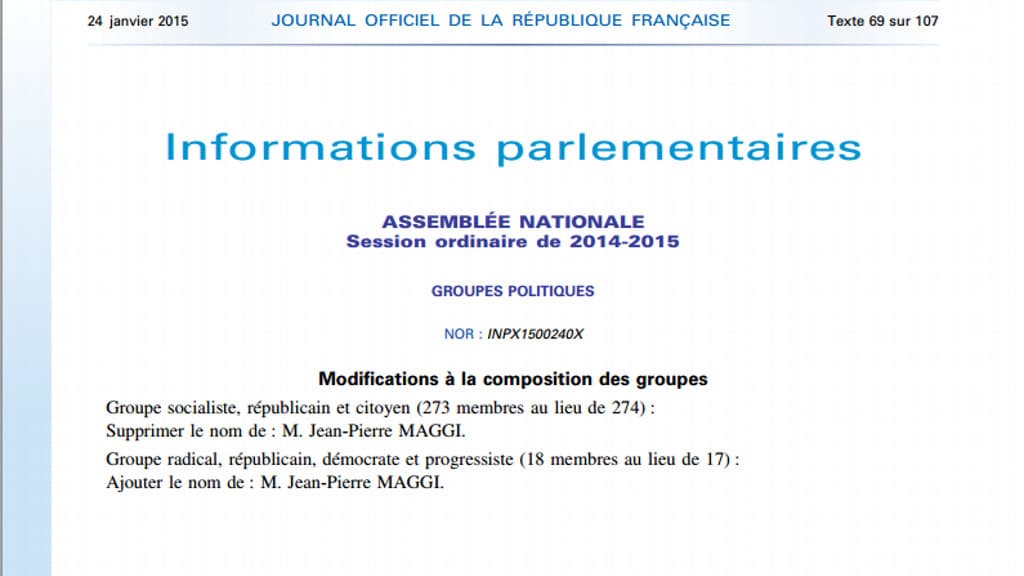 Le Journal officiel du 24 janvier 2015, annonçant le départ de Jean-Pierre Maggi du groupe socialiste, républicain et citoyen à l'Assemblée nationale. Le Journal officiel du 24 janvier 2015, annonçant le départ de Jean-Pierre Maggi du groupe socialiste, républicain et citoyen à l'Assemblée nationale.