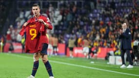 Ferran Torres dédie son but à Gavi gravement blessé au genou droit lors du match Espagne-Géorgie (3-1, qualifs Euro 2024), le 19 novembre 2023