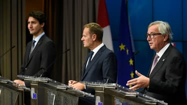 Justin Trudeau, Premier ministre canadien; Donald Tusk, Président du Conseil européen et Jean-Claude Junker, Président de la Commission européenne.