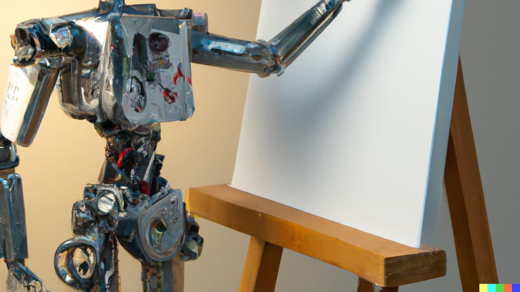 "A realistic photo of a robot holding a brush and painting on a canvas" / Dall-E