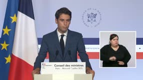 Gabriel Attal lors de son point presse à l'issue du Conseil des ministres, le 7 juillet 2021.