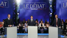 Jordan Bardella, Gabriel Attal et Manuel Bompard avant un débat sur TF1 le 25 juin 2024