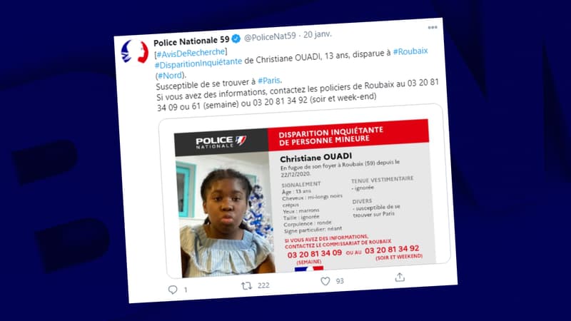 Un avis de recherche a été lancé mercredi pour Christiane Ouadi, une adolescente de 13 ans qui a fugué de Roubaix.