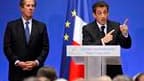 Discours de Nicolas Sarkozy lundi au siège du Conseil constitutionnel, en compagnie du président de l'institution, Jean-Louis Debré (à gauche). Le chef de l'Etat a qualifié de révolution juridique la nouvelle possibilité pour les justiciables de saisir le
