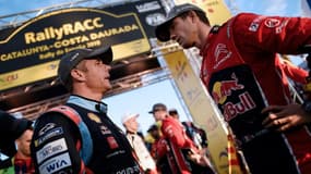 Les deux pilotes français Sébastien Loeb (Hyundai) et Sébatien Ogier (Citroën), lors de la présentation du Rallye de Catalogne, le 24 octobre 2019 à Salou