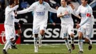 Le Brésilien Brandao félicité par ses coéquipiers marseillais. L'attaquant a offert la victoire à l'OM dimanche contre Lille (1-0) à Montpellier.