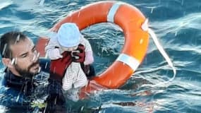 Un plongeur de la Garde civile qui a sauvé un bébé de l'eau, alors que l'Espagne fait face à une crise migratoire majeure, le 19 mai 2021