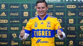 La nouvelle recrue du club mexicain les Tigres UANL, le Français Florian Thauvin, lors de sa présentation en conférence de presse, à Monterrey, le 12 juin 2021