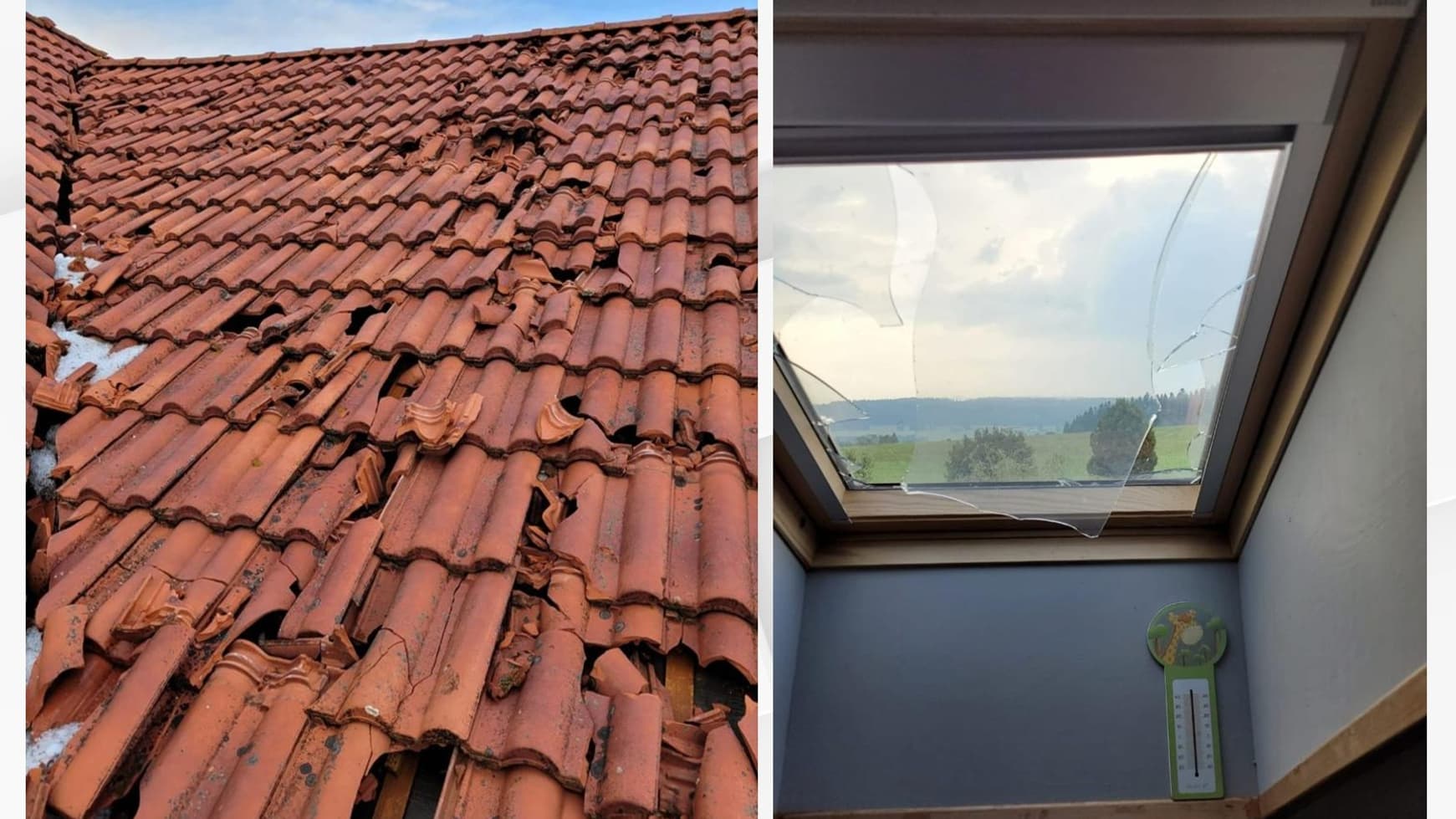 La toiture et la fenêtre de toit de la maison de Nelly Girard, après les intempéries en juillet dernier dans le Doubs.