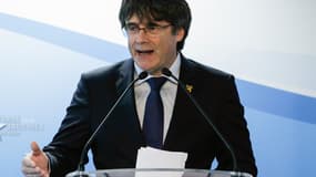 Carles Puigdemont lors de la conférence de presse annonçant sa candidature aux élections européennes le 10 avril 2019 à Bruxelles.