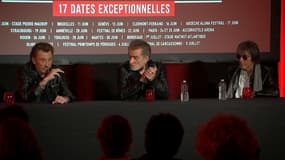 Johnny Hallyday, Eddy Mitchell et Jacques Dutronc, lors de la conférence de présentation avant la tournée des Vieilles Canailles.