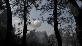 Un avion lâche de l'eau au-dessus d'un feu de forêt à Dionysos, au nord d'Athènes, le 27 juillet 2021.