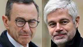 (COMBO) Cette combinaison de photos montre Bruno Retailleau (g), ici le 16 avril 2025 à Paris, et Laurent Wauquiez (d) le 26 novembre 2024 à Paris.
