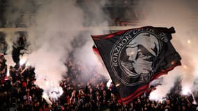 Le drapeau du Roazhon Celtic Kop (RCK) avec le banditi, lors de Rennes-Panathinaïkos (3-1, Ligue Europa), le 9 novembre 2023