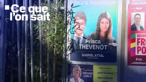 Une affiche de campagne de Prisca Thevenot et de sa suppléante Virginie Lanlo, dans la 8e circonscription des Hauts-de-Seine, le 4 juillet 2024.