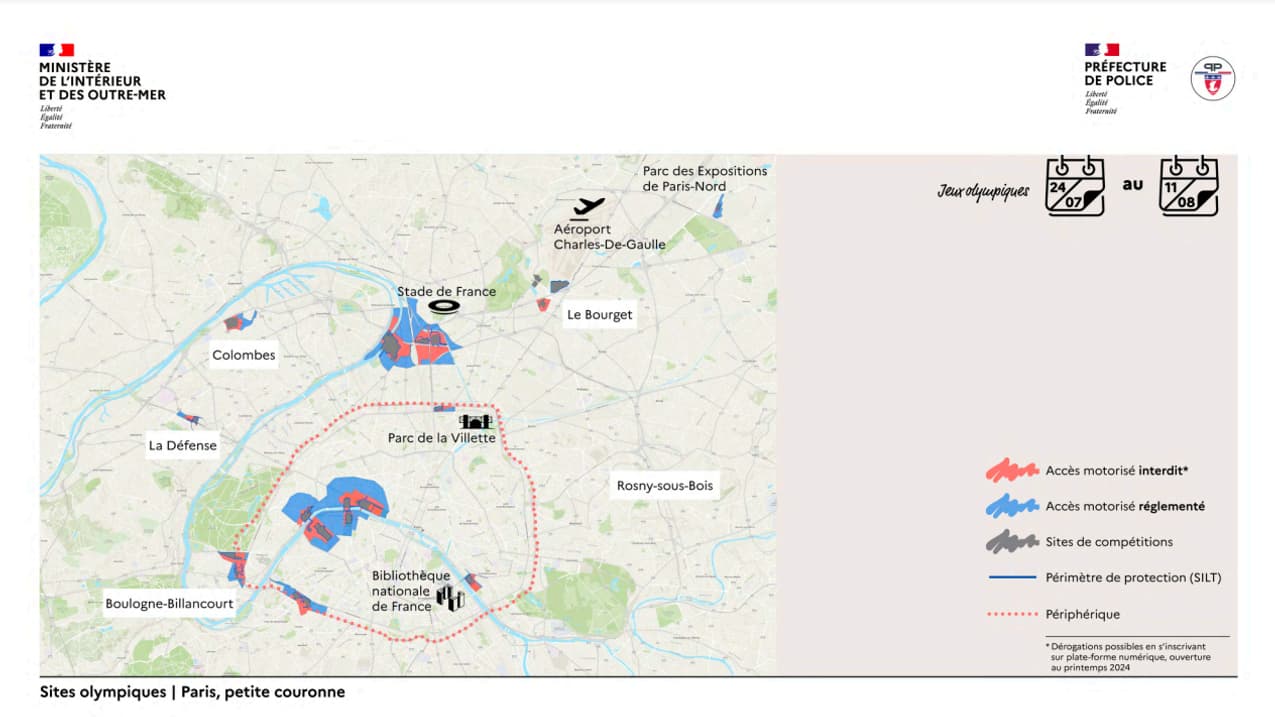 Les zones de restrictions des sites olympiques en 2024 à Paris et dans sa petite couronne. 