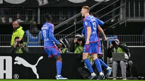 Jake O'Brien (OL) buteur face à Rennes, le 12 novembre 2023.
