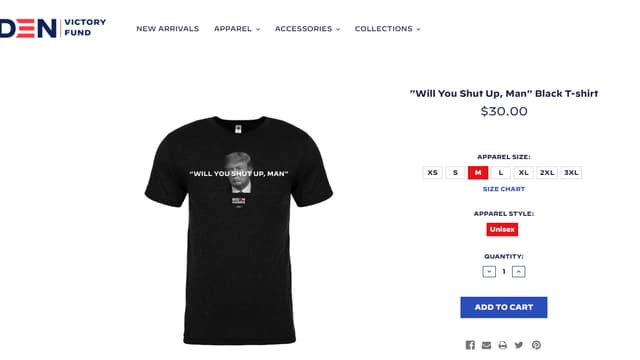 Un t-shirt "Will you shut up, man?" en vente sur le site de Joe Biden