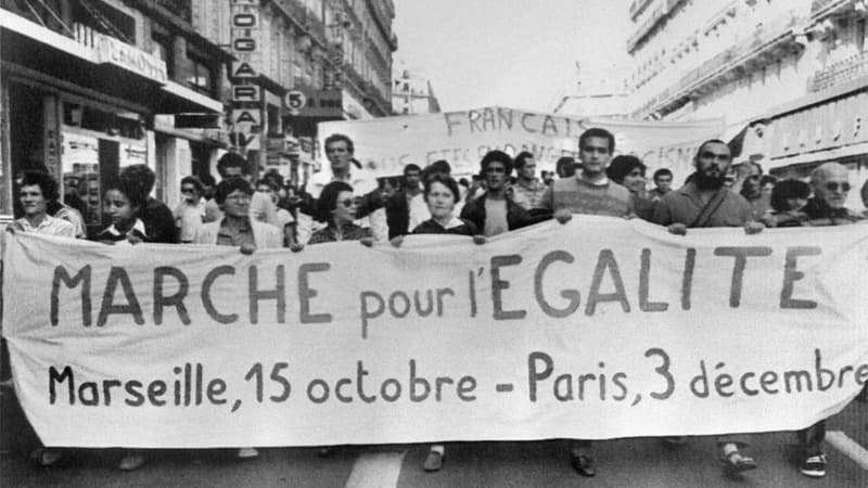 Le cortège de la Marche pour l'égalité et contre le racisme lors de son départ à Marseille, le 15 octobre 1983.