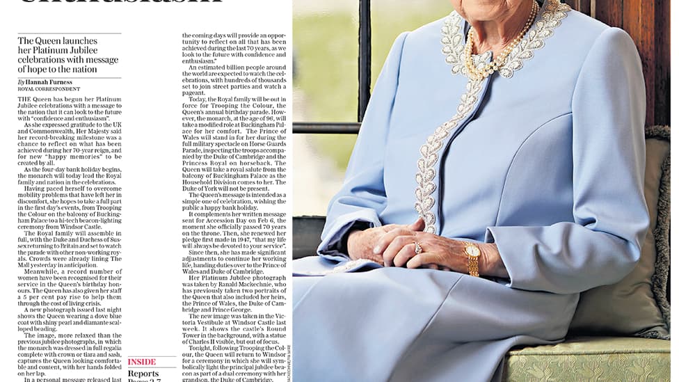 La une du Daily Telegraph du 2 juin 2022. La une du Daily Telegraph du 2 juin 2022.