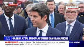 "On travaille à des mesures concrètes pour nos agriculteurs", rappelle Gabriel Attal, en visite à Pirou
