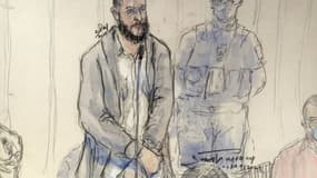 Croquis d'audience de Salah Abdeslan (g), lors du procès des attentats du 13 novembre 2015, le 2 novembre 2021 à Paris