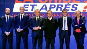 Stanislas Guérini, Laurent Wauquiez, François Bayrou, Jean-Luc Mélencho, Olivier Faure et Marine Le Pen sur BFMTV le 20 mars dernier.
