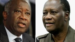 Les militants d'Alassane Ouattara (à droite) manifestent ce jeudi pour prendre le contrôle de la Radio-Télévision Ivoirienne (RTI). Un éventuel affrontement avec l'armée et les partisans de Laurent Gbagbo (à gauche) fait craindre le pire.