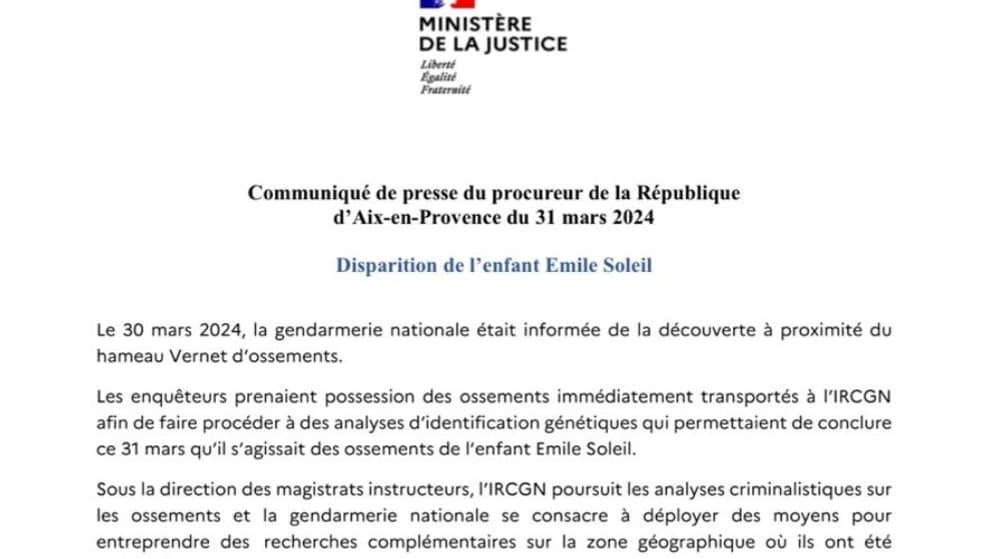 Le communiqué de presse du procureur d'Aix-en-Provence annonçant la découverte des ossements d'Emile ce dimanche 31 mars.  
