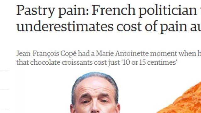 "Jean-François Copé a vécu un moment Marie-Antoinette quand il a dit sur une station radio qu'un pain au chocolat coûtait juste 10 ou 15 centimes", écrit le quotidien britannique The Guardian ce mardi sur son site Internet.