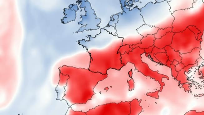 Masses d'air froides (en bleu) et chaudes (en rouge) prévues sur l'Europe mardi à 15h Masses d'air froides (en bleu) et chaudes (en rouge) prévues sur l'Europe mardi à 15h