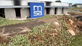 Des agriculteurs ont déversé des artichauts devant le bâtiment de la Mutualité sociale agricole, à St-Martin des Champs (Finistère), le 20 septembre 2014