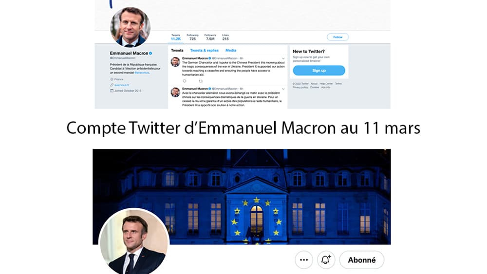 Le compte Twitter d'Emmanuel Macron, les 10 et 11 mars 2022 Le compte Twitter d'Emmanuel Macron, les 10 et 11 mars 2022