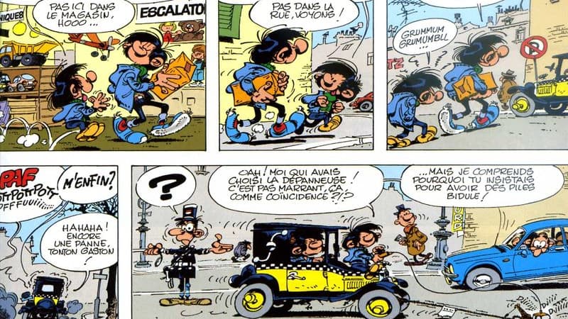 Gaston et son neveu dans un gag imaginé en 1973 par Franquin