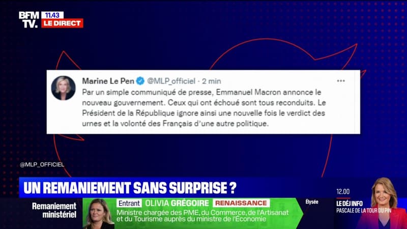 Remaniement: Marine Le Pen dénonce un gouvernement où 