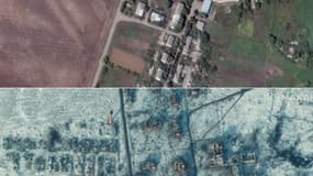 Avant/après montrant l'étendue des destructions d'écoles et de bâtiments à Soledar, en Ukraine, 1er août 2022 et 11 janvier 2023