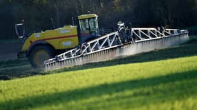 Un agriculteur avec un pulvérisateur de 36 mètres de large répand du "Lambdatine", un insecticide racinaire mélangé avec du"Foburi", un herbicide, près d'Illiers-Combray, dans le centre de la France, le 14 novembre 2024 (photo d'illustration).