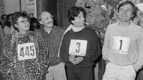 Josiane Balasko, Michel Blanc, Christian Clavier et Bruno Moynot lors de l'inauguration du théâtre Le Splendide, le 9 octobre 1981 à Paris. 