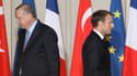 Les présidents turc Recep Tayyip Erdogan (G) et français Emmanuel Macron lors d'une conférence de presse conjointe à l'Elysée, le 5 janvier 2018 à Paris 